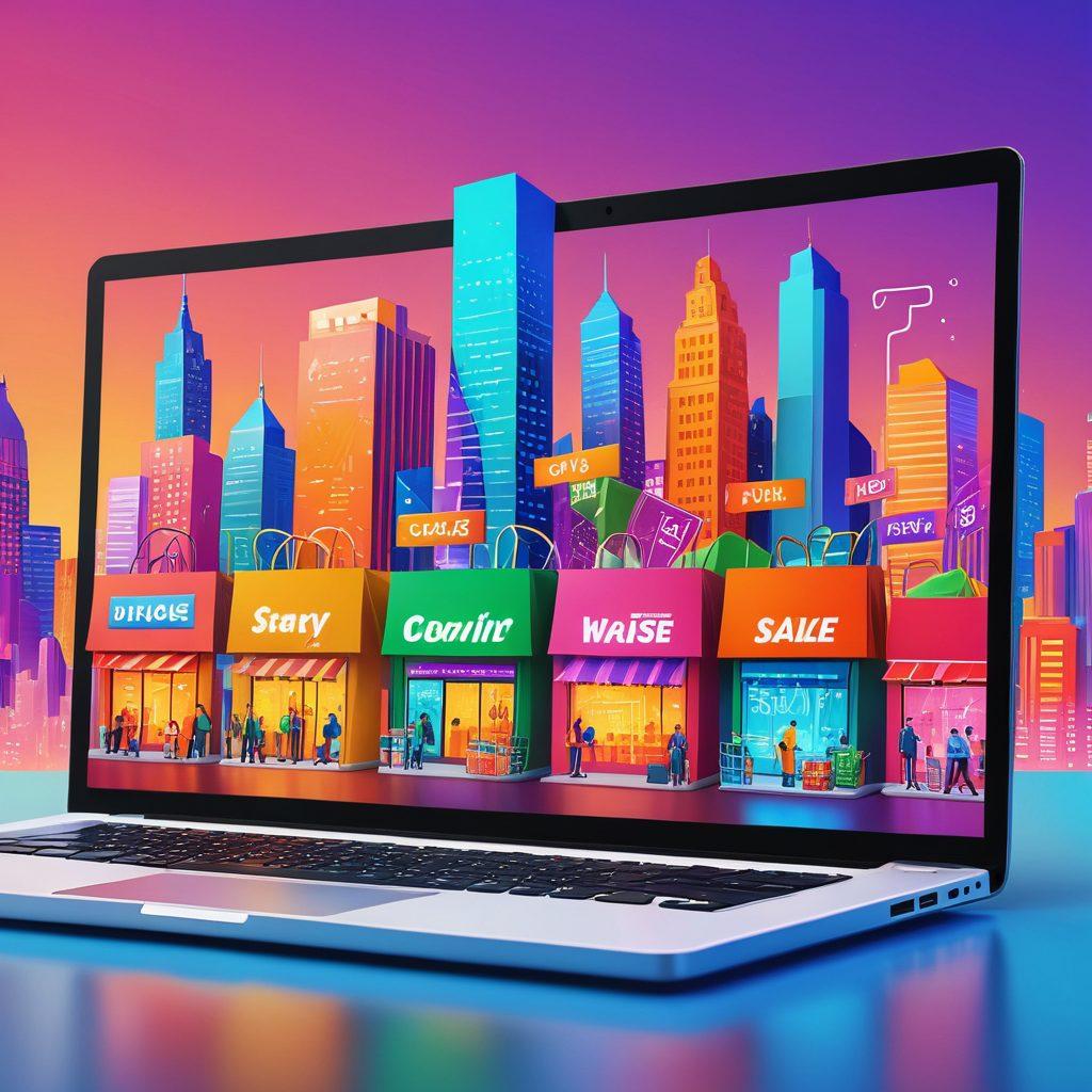 A dynamic scene depicting a modern online storefront on a laptop screen, surrounded by packages and shopping carts. In the background, a vibrant city skyline represents the digital marketplace, while a diverse group of entrepreneurs discuss strategies animatedly. Incorporate icons of various online retail platforms floating around to symbolize e-commerce. Bright, engaging colors and a mix of digital and real-world elements. vector art. vibrant colors. 3D.