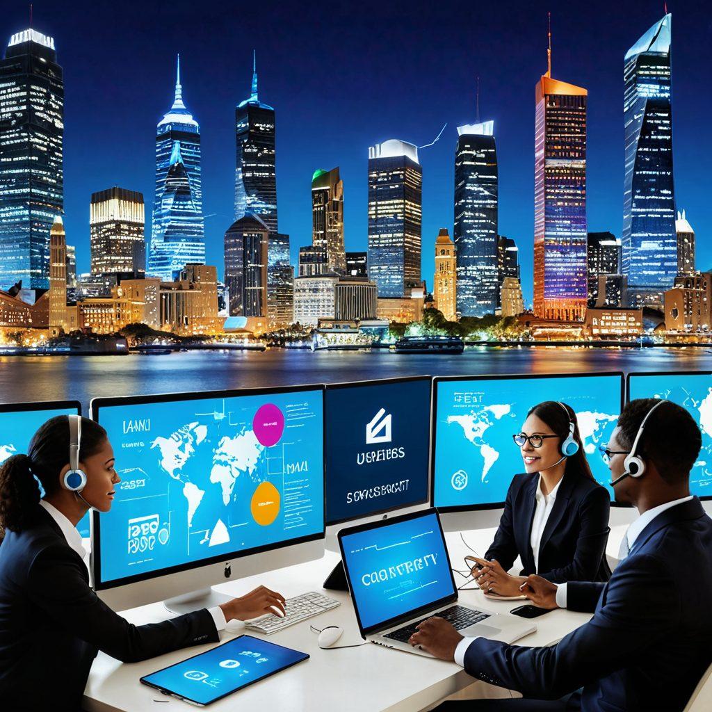 A dynamic scene showcasing a diverse group of sales professionals engaging in virtual selling through various digital platforms. Include vibrant screens displaying charts, graphs, and products, with a backdrop of a bustling city skyline. Show elements of connection like floating icons representing communication, online marketplaces, and customer engagement. Emphasize a modern, tech-savvy atmosphere to reflect the rise of virtual marketplaces. ultra-modern, super-realistic, vibrant colors.