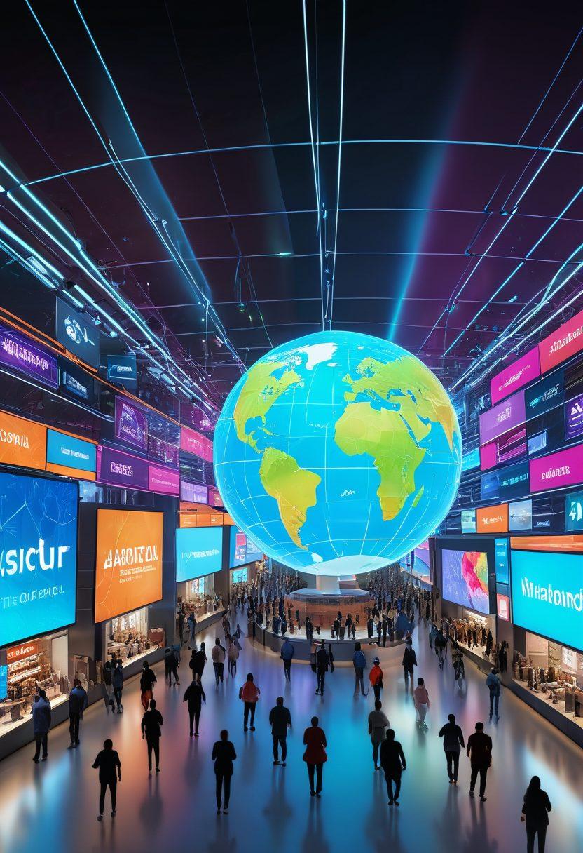 A futuristic digital marketplace bustling with activity, featuring diverse virtual shopfronts showcasing innovative products from around the world. Include animated holograms of goods, people engaging with augmented reality devices, and a global map displaying shipping routes. The scene should be vibrant and colorful, symbolizing the interconnectedness of global commerce in a digital age. super-realistic. vibrant colors. 3D.